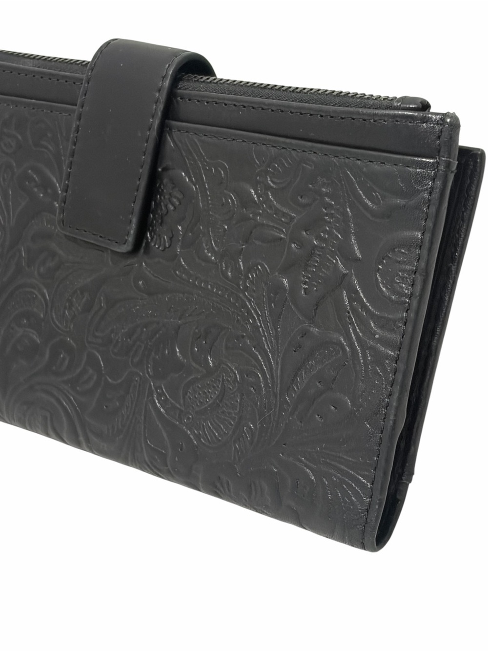 Genuine Leather Hand Tooled Deep Black Wallet - Like New